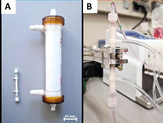 Links: Dialysezelle für die humanmedizinische Anwendung, rechts Mikro-Dialysezelle für die Analyse