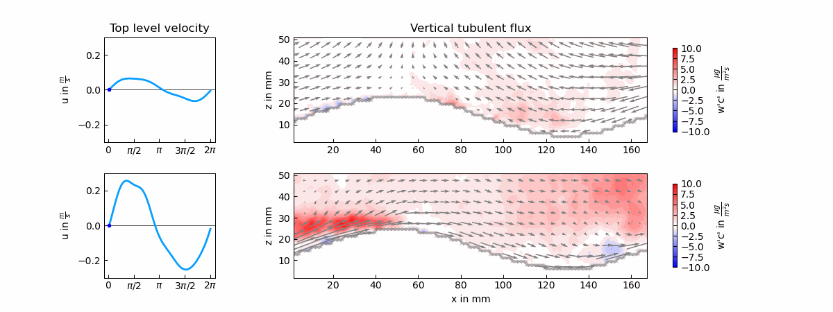 Visualisation of phase averaged Reynolds fluxes over sand ripples for different wave intensities